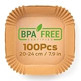 PORTENTUM Backpapier für Heißluftfritteuse 100 Stück BPA-frei, 20-24 cm, Airfryer Backpapier Antihaft Wasserdicht Ölfest Einwegschalen Luftfritteuse Pergamentpapier Liner für 4.7L - 7.3L2, Quadrat